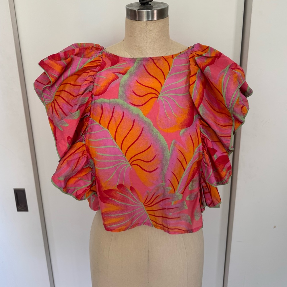 FARM Rio Bright Pink Tropical Ruffle Sleeve Top